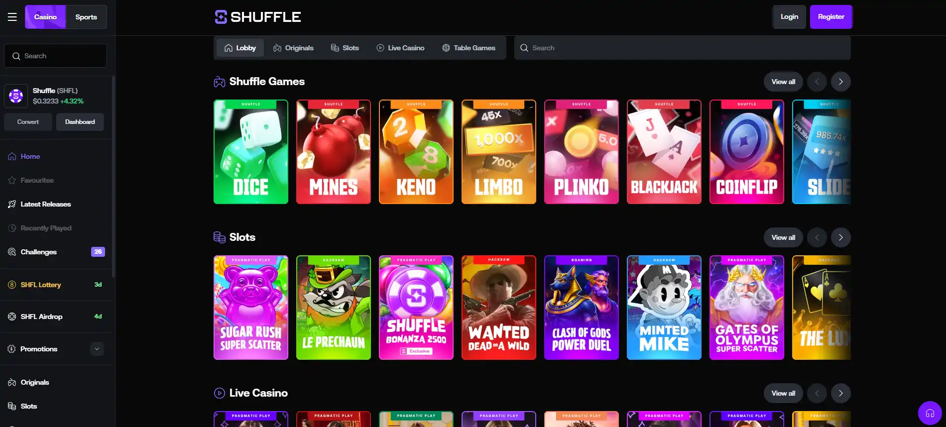 Abstract casino game zones with reels, empty live tables and cryptographic hash patterns